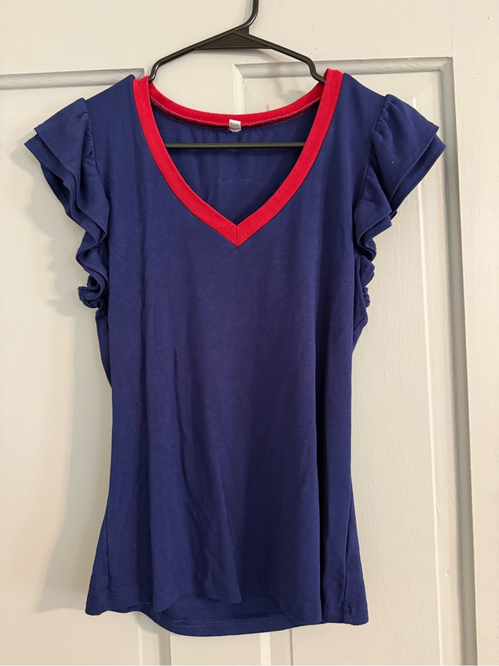 Women’s Navy V-Neck Ruffle Sleeve Top with Red Trim